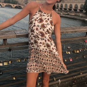 Tobi Floral Halter Dress - Cream and Brown